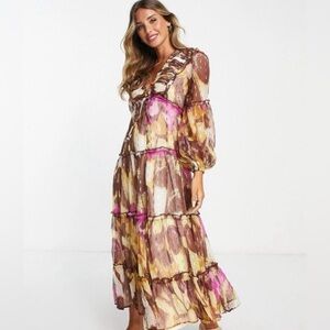 River Island Garden Party Gold Shimmer Midi Dress